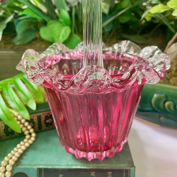 Mid-Century Modern Hand Blown Lead Crystal Cranberry Basket - Picture 7 of 11